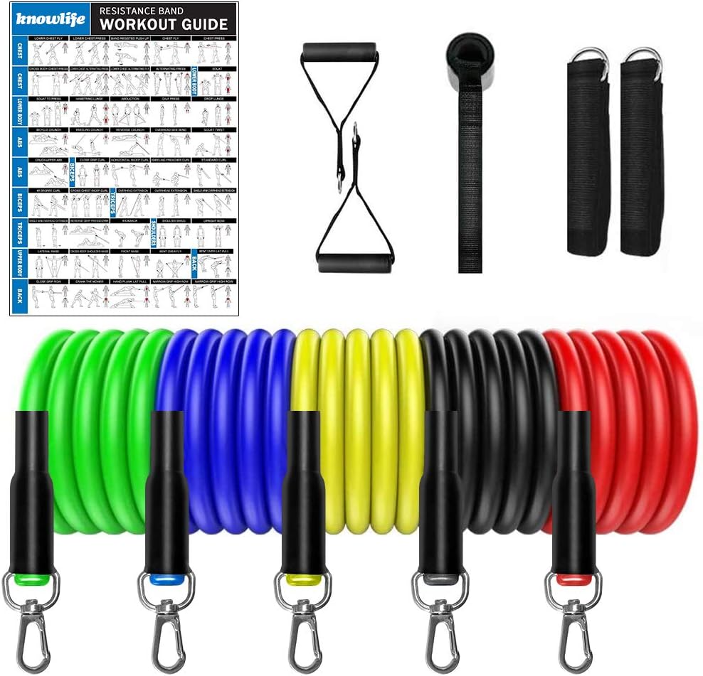 Knowlife Exercise Resistance Bands Set - Up to 150 Lbs for Home Workout, Strength Training, Physical Therapy, Yoga, Pilates 5 Resistance Levels 11 Pack Set