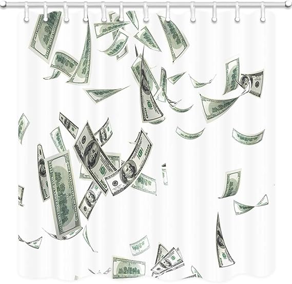 Money Shower Curtain, Flying Dollar Currency On White