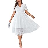 EYWOL Women's Plus Size Cocktail Dress - V Neck Short Sleeve Lace Midi Dress | Semi Formal Wedding Guest Prom Attire