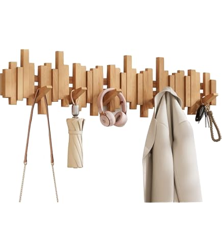 Porte-manteau Mural GOGREEBELL En Acacia – 7 Crochets Rabattables, Design Noyer, Entrée/couloir