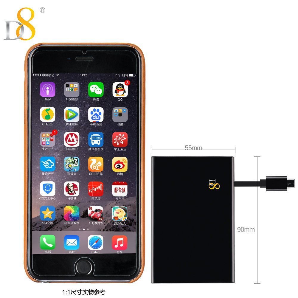 Ultrathin Power Bank, D8 1000mAh Portable External Battery Pack Charger Power Bank with Built in Micro USB Cable for USB-Charged Devices, Travel Adapter with LED Indicator for Cell Phone