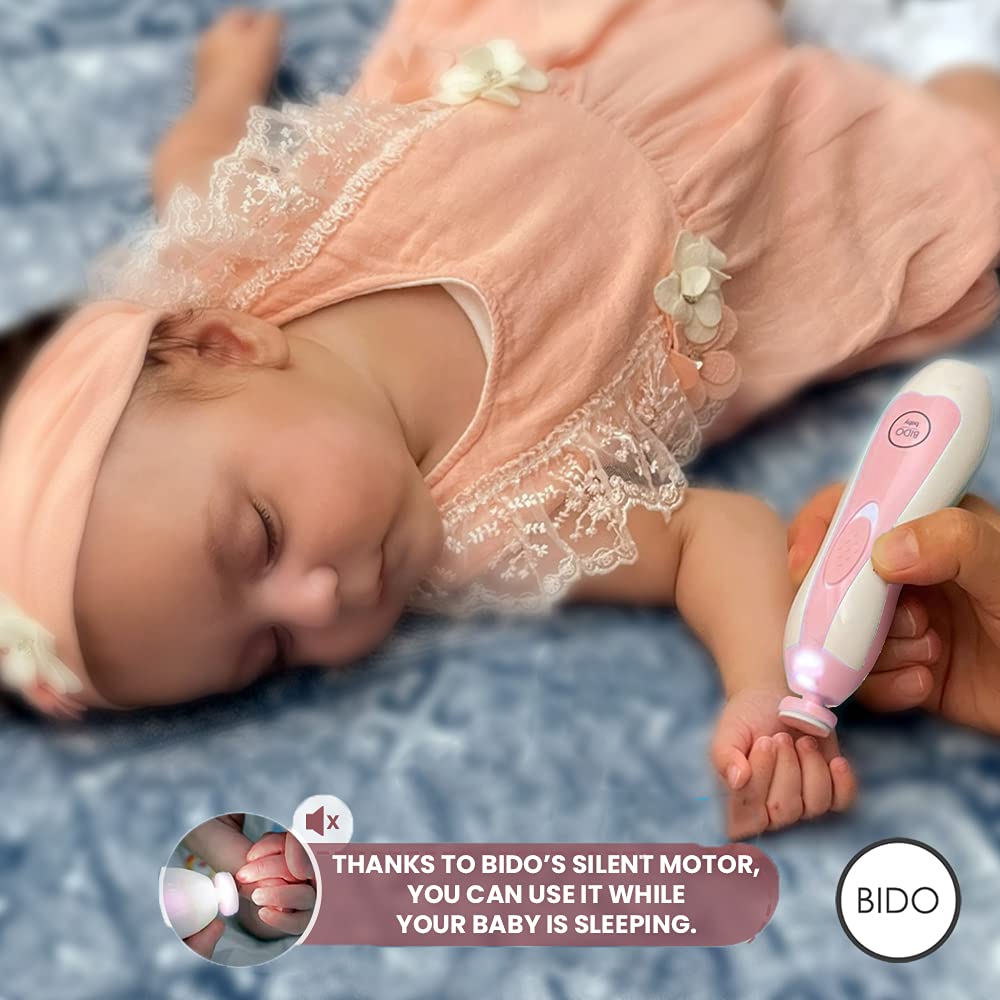 BİDO Baby Nail Trimmer File Electric-Safe Baby Nail Clippers,Manicure Kit for Newborn Toddler and Kids,12 Grinding Heads and LED Light, Pink or Blue (Pink)