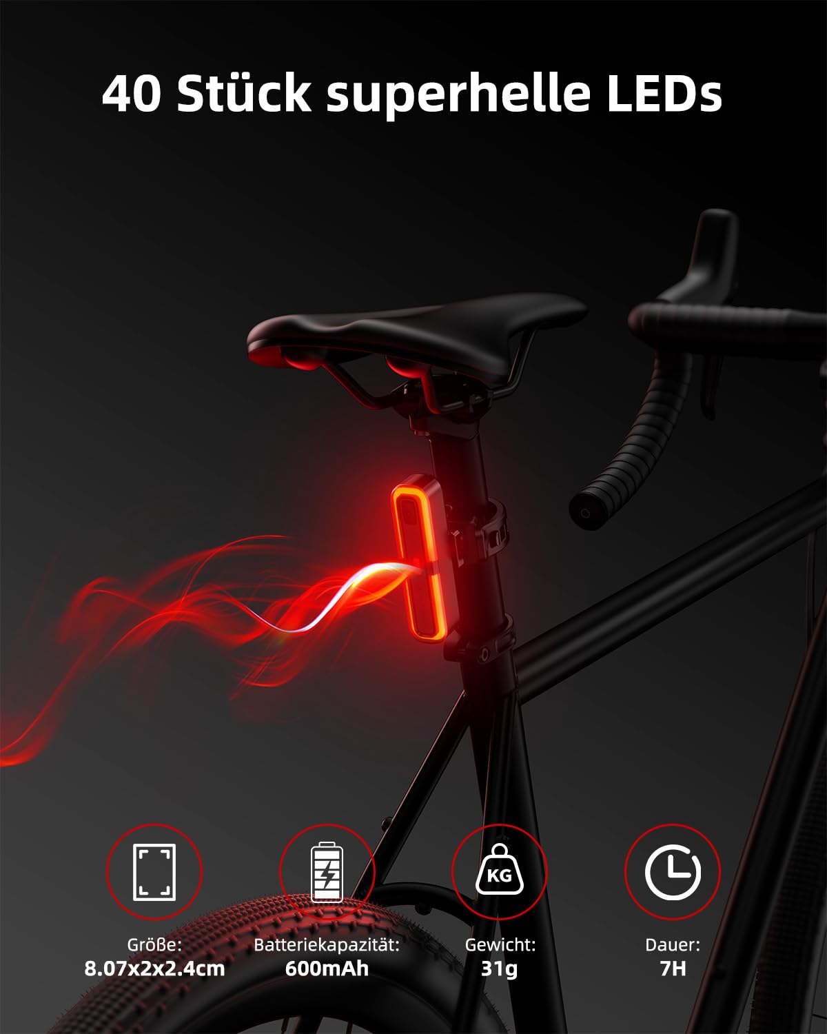 OnMeto Fahrrad Rücklicht, Led Rücklicht Fahrrad USB Type-C Wiederaufladbares Fahrradlicht hinten Rücklicht Ebike IPX5 Wasserdicht für Rennrad, MTB, E-Bike (Schwarz) 3