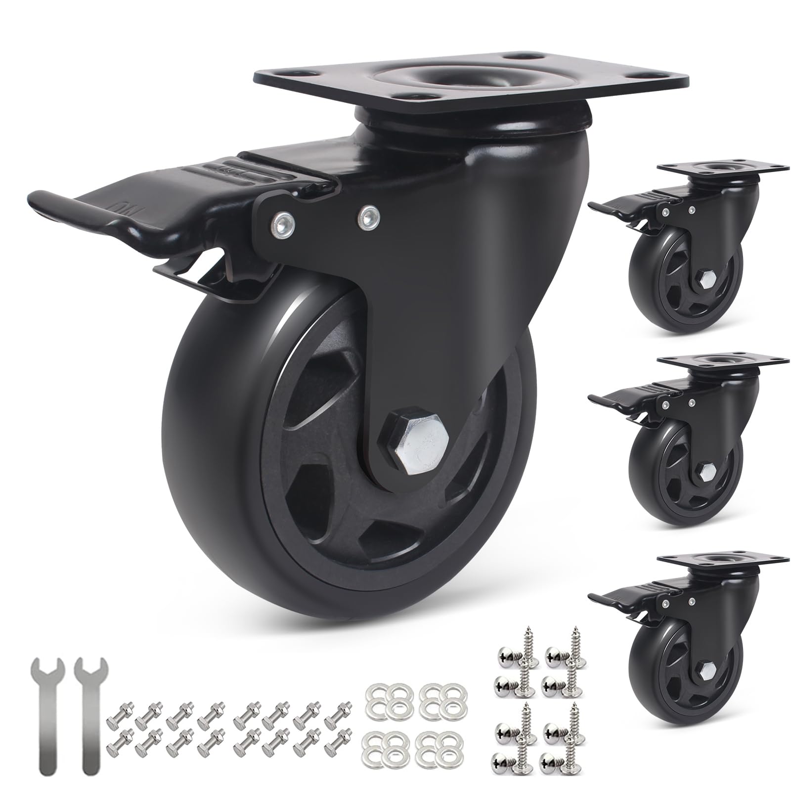 RRIUTO 100MM Heavy Duty Caster Wheels, Furniture Caster Bearing 600KG Swivel Castors Wheels for Furniture Rubber Swivel Trolley Castor with Brake (include 16pcs screws)
