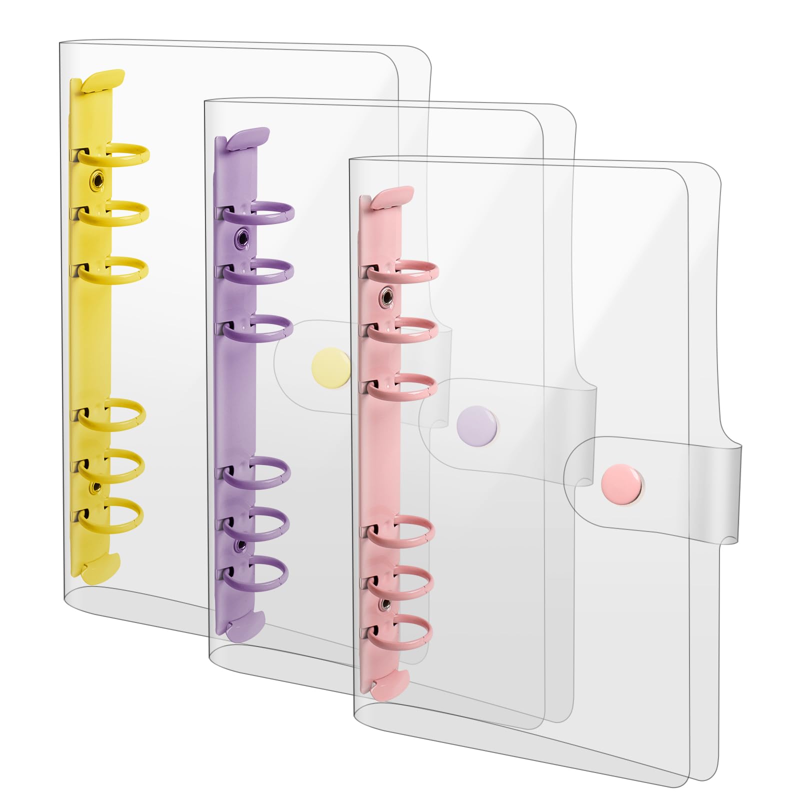 Photo 1 of Anjmd 3 Pack A6 Soft PVC 6 Rings Binder Cover Clear Budget Binder Clear A6 6-Hole Planner Binder Cover Yellow Purple Pink Round Ring Binder Cover for Refillable Notebook