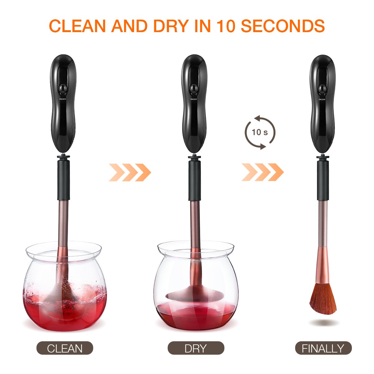 Makeup Brush Cleaner, Electric Makeup Brush Cleaner and Dryer for All Size Makeup Brushes with 8 Different Rubber Collars, Clean and Dry in Seconds (Black)