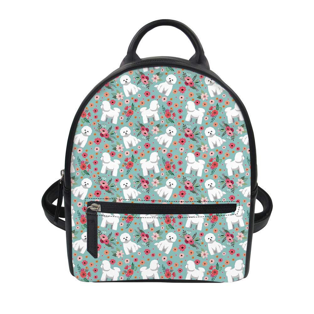 Coloranimal Bichon Frise Flower Backpack for Women Girls Ladies PU Leather Shoulder Rucksack Kids Teens Mini School Book Bag Female Handbag Wallet Bagpack Daypack
