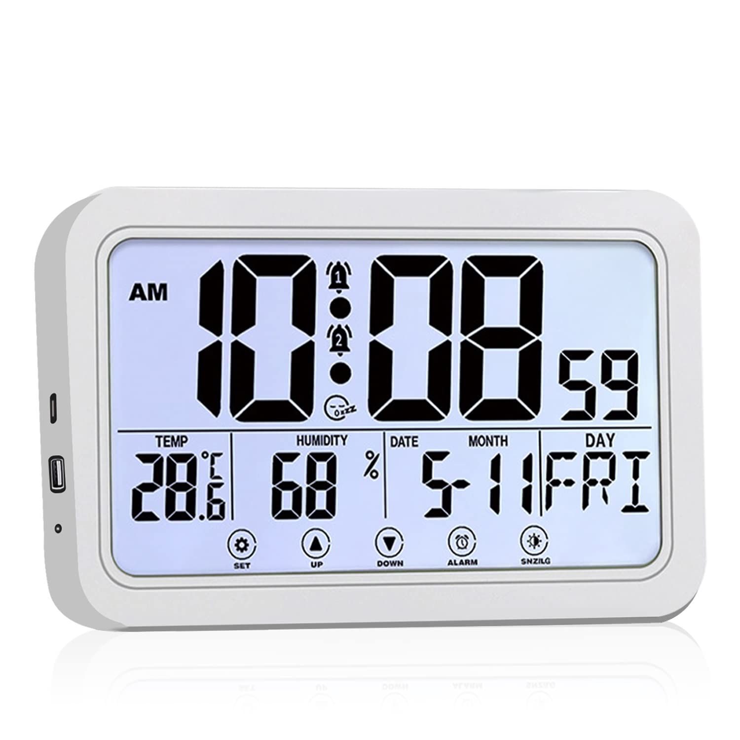 IPZDF Digital Clocks Bedside, Alarm Clock Digital Led Alarm Clock Calendar Humidity Meter Room Thermometer Wall Clock For Bedrooms, Office, Desk (White), L