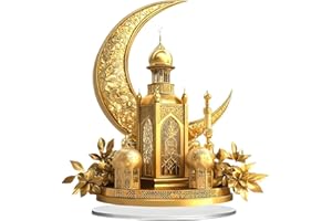 Ramadan Decorations Acrylic Mubarak Sign Centerpiece, 2D Golden Crescent Moon Mosque Acrylic Desktop Decoration for Muslims H