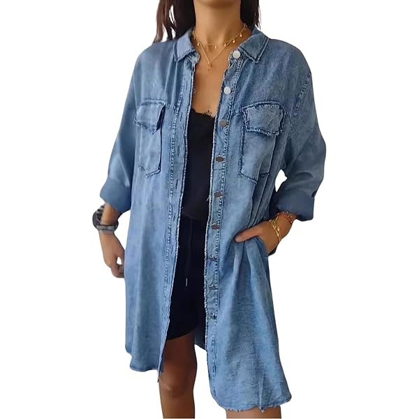 Megfie Loose Casual Frayed Washed Womens Aztec Denim Jacket Long Sleeve Lapel Aztec Denim Shacket Long Grey
