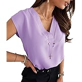 Lynwitkui Women's V Neck Chiffon Blouses Cap Sleeve Shirts Casual Loose Work Office Solid Tops
