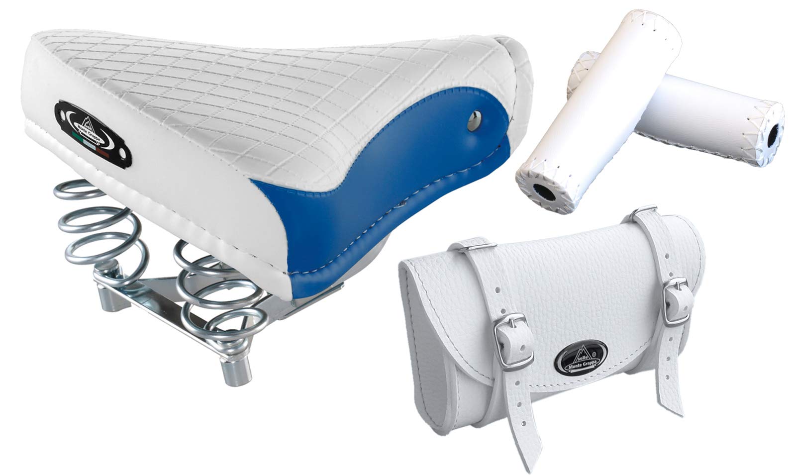 Tris Montegrappa (white/blue+white): vintage saddle 1750 Export + bag 0016 + handles