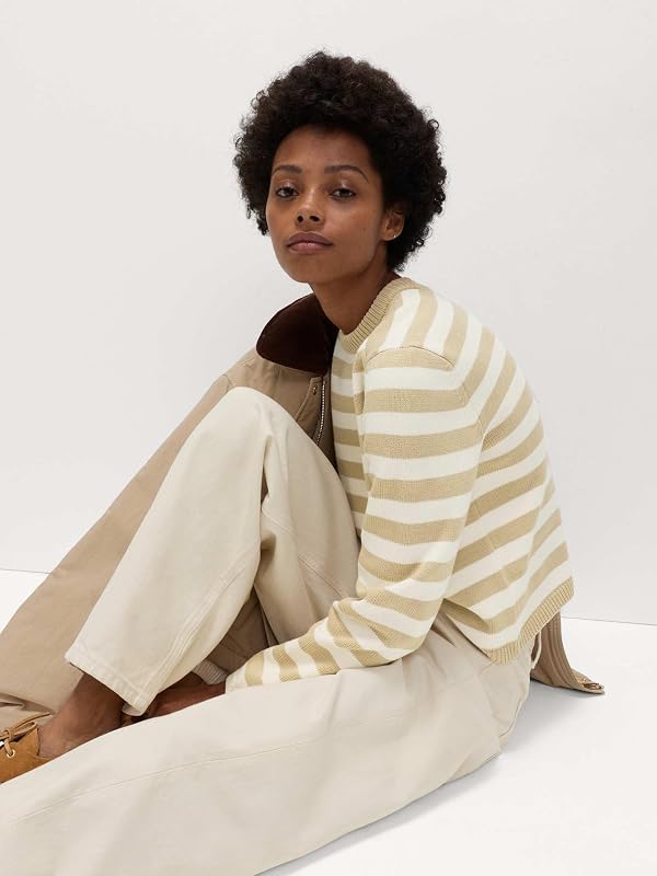 Maglione Corto a Righe in Misto Cotone da Donna Crema