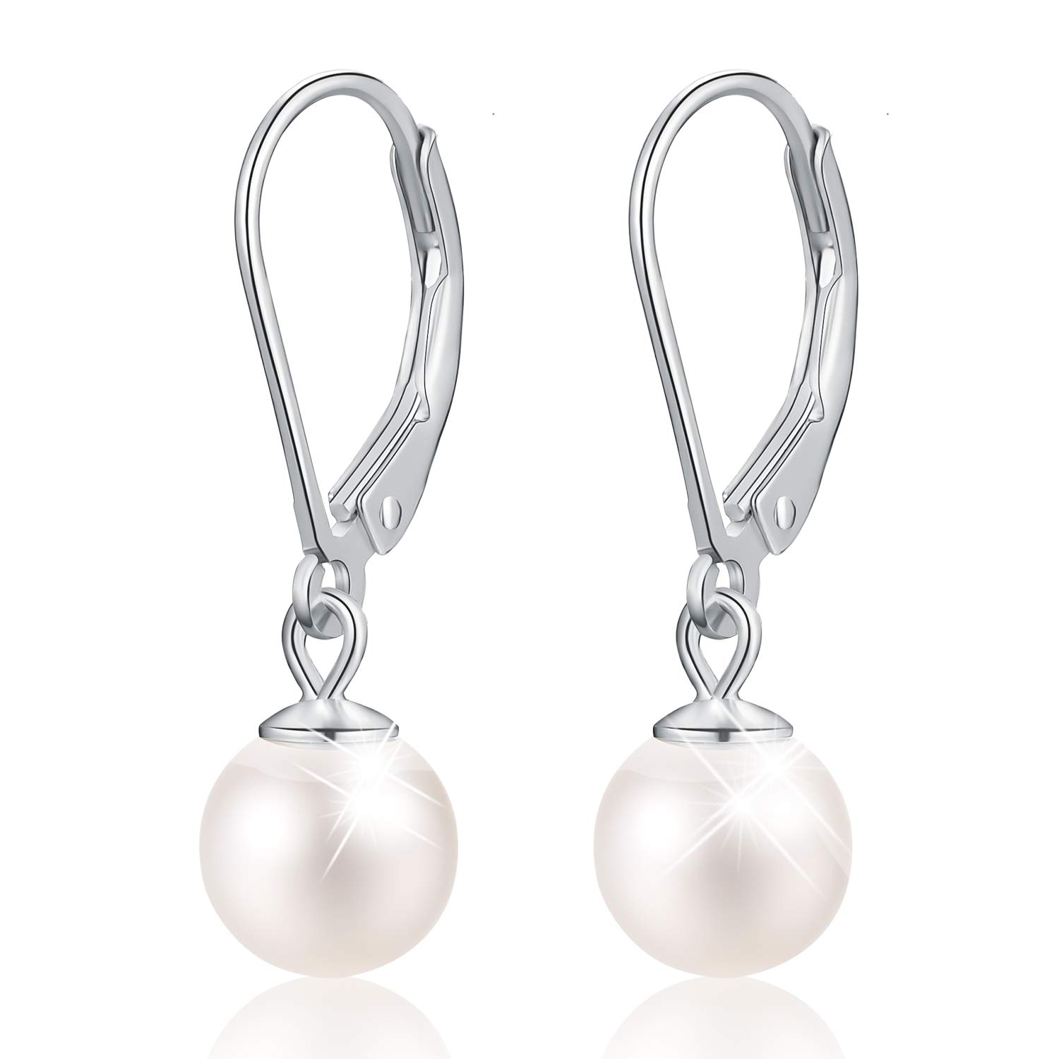 Gift for Christmas Esberry 18K Gold Plating 925 Sterling Silver Pearl Earrings Handpicked White Shell Pearl Drop Earrings Jewelry for Women and Girls (white-gold-plated-base, 8.0mm)