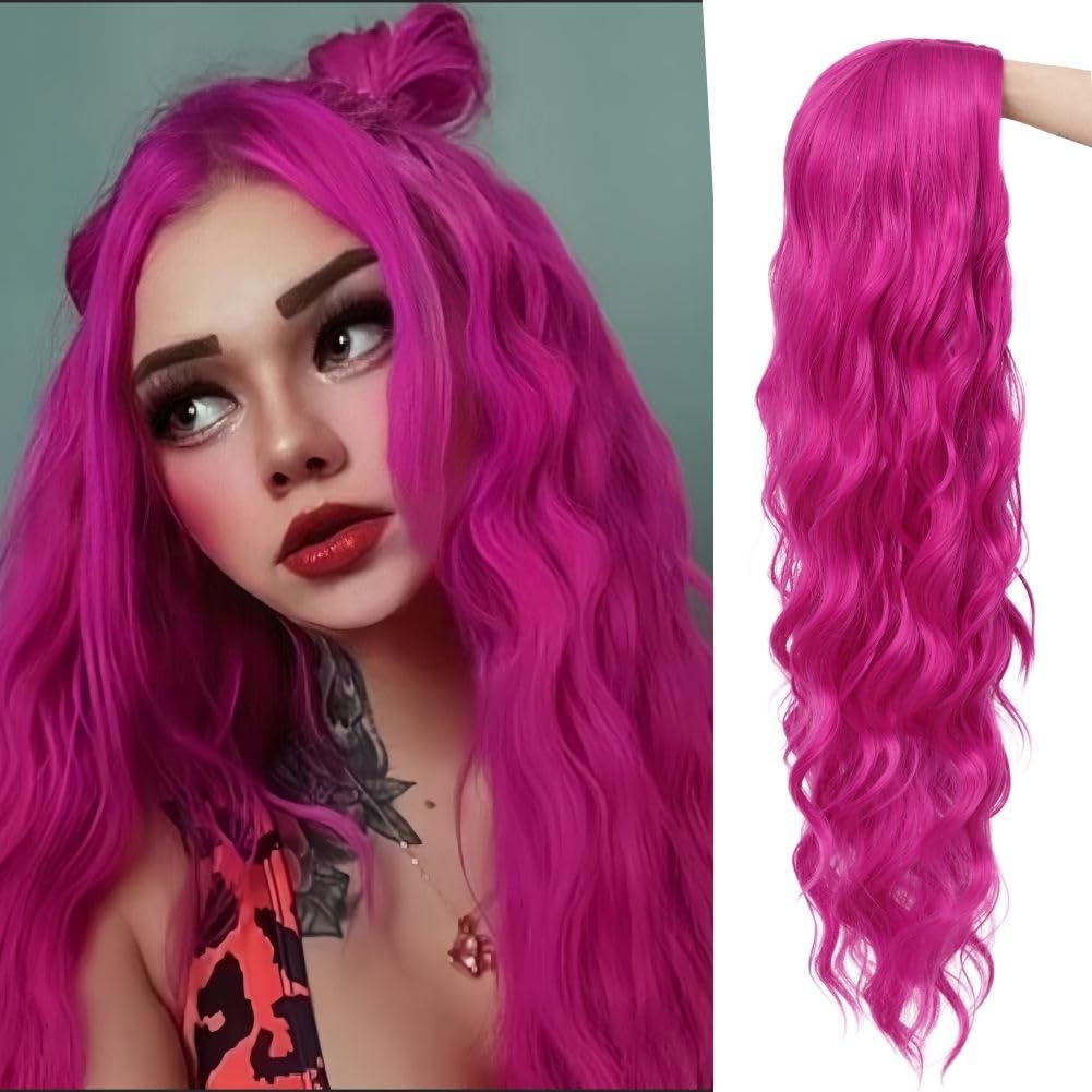 Siudus Hot Pink Long Curly Wigs for Women Wavy Middle Part Cosplay Synthetic Fibre Wig Halloween Party Costume Hair Wig — image 1