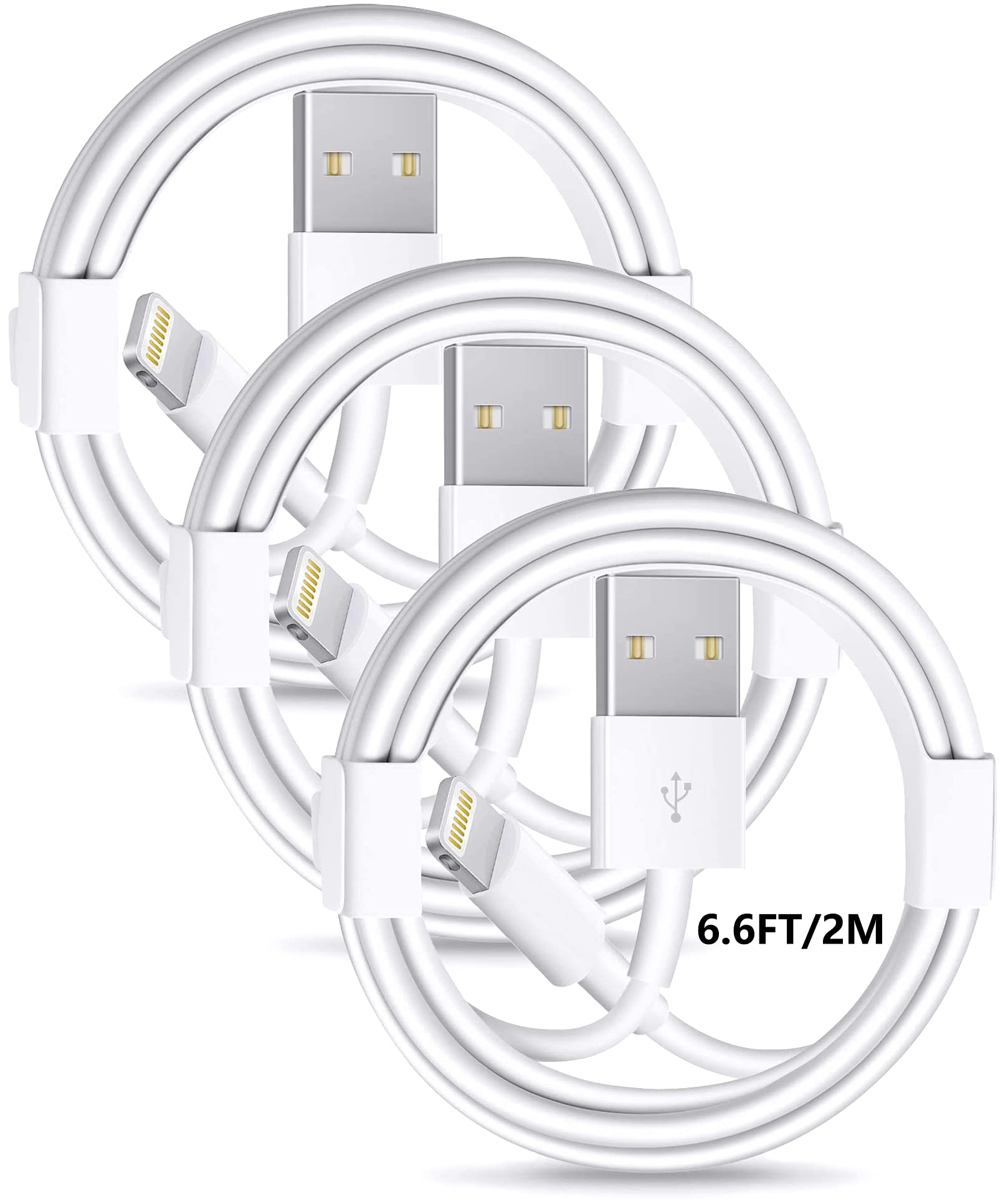 Apple iPhone Charger cables,【Apple MFi Certified】3 Pack Lightning to USB Cable (6.6FT) Fast Charging & Sync Cord for iPhone 12/12 pro/12mini/11/11 Pro/SE/X/XS/XR/8/7/6,iPad,Airpods and More -White