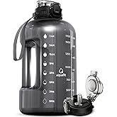 AQUAFIT Half Gallon Water Bottle with Time Marker - Straw & Chug Lid - BPA Free Gym Water Bottle with Straw - Big Gallon Jug (Gray, 64 oz - 2in1 Lid)