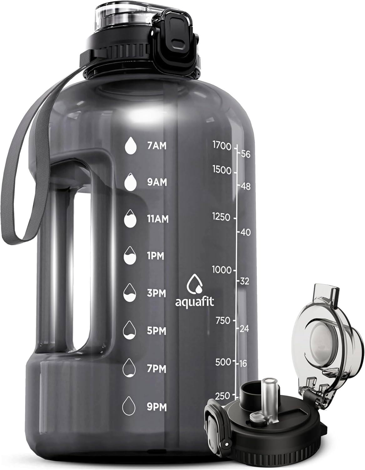 Photo 1 of AQUAFIT Half Gallon Water Bottle with Time Marker - Straw & Chug Lid - BPA Free Gym Water Bottle with Straw - Big Gallon Jug (Gray, 64 oz - 2in1 Lid)
