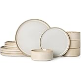 ALOFMO Stoneware Dinnerware Sets for 4, Stoneware Plates and Bowls Set, 12-Piece Ribbed Dishes – Chip & Scratch Resistant, Microwave and Dishwasher Safe Tableware, Warm White