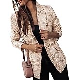 Women Tweed Coat Plaid Print Double Breasted Casual Buttons Blazer Slim Fit Flap Pocket Formal Blazer