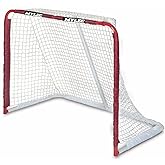 Mylec Steel Junior Hockey Goal for Indoor + Outdoor (52” x 43”), Easy Assembly, Lightweight, Portable, and Net Weave System (Red, 17 Pounds)