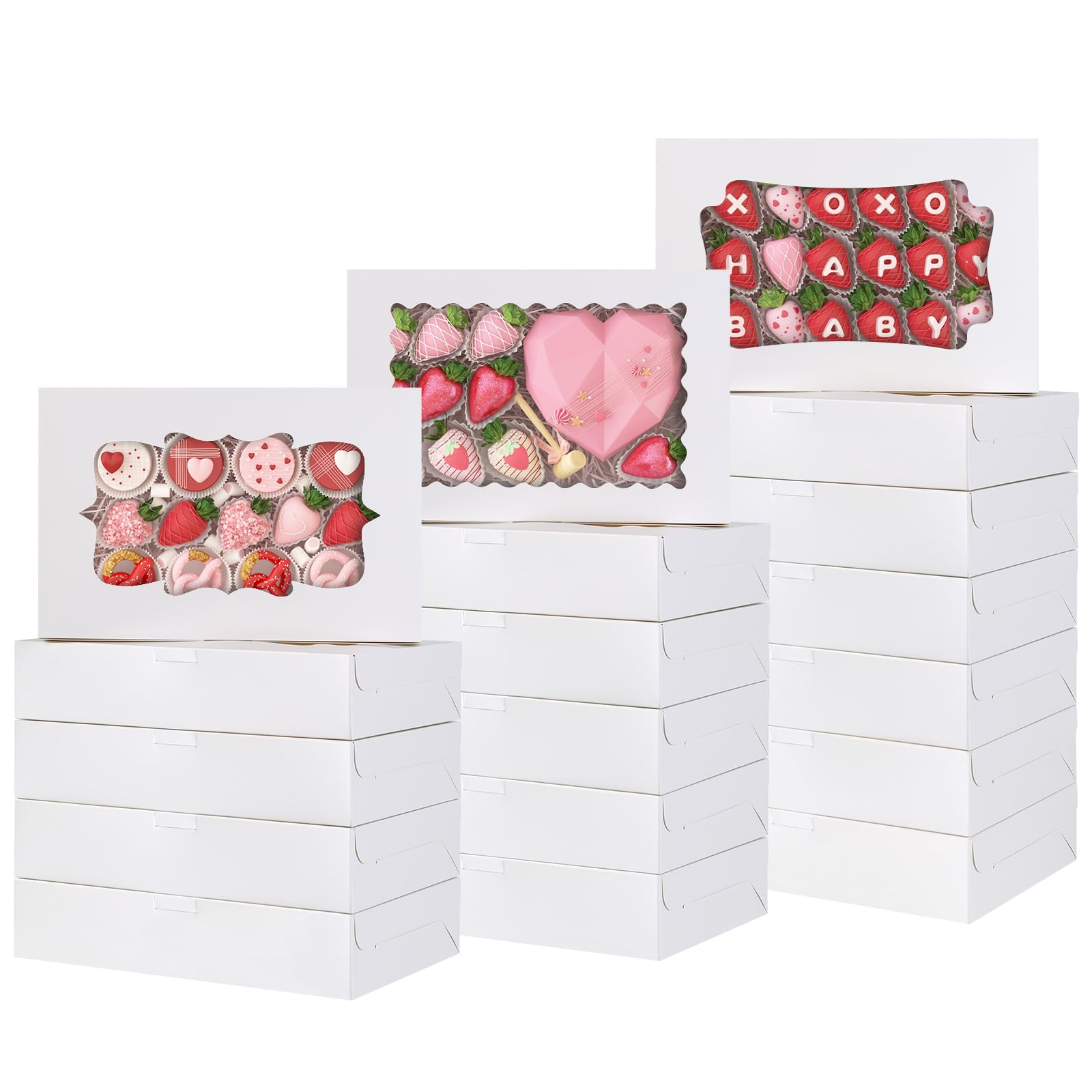 Photo 1 of **TOMNK 60pcs Bakery Boxes, 12x8x2.5 Inches 3 Style Cookie Boxes, Treat Containers with Window for Candies, Chocolate Strawberries, Cakes, Muffins, Donuts