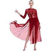 ODASDO Women Lyrical Dance Costumes Sequin Long Sleeve Mesh Tulle Flowy Maxi Long Dress Morden Contemporary Dancewear