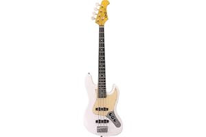 CNZ Audio JB Mini Electric Bass Guitar - White Body, Maple Neck, Rosewood Fingerboard & 3-Ply Ivory Pickguard, 28.6" Short Scale Premium Pickups, Vintage Steel Bridge & Tuners - Pure Awesomeness