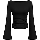 PRETTYGARDEN Womens Long Sleeve Shirts 2026 Spring Crop Going Out Tops Casual Boat Neck Bell Sleeve Ribbed Ruched Y2K Clothes