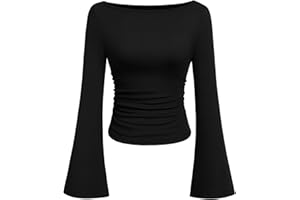 PRETTYGARDEN Women's Long Sleeve Shirts 2025 Fall Crop Going Out Tops Casual Boat Neck Bell Sleeve Ribbed Ruched Y2K Clothes