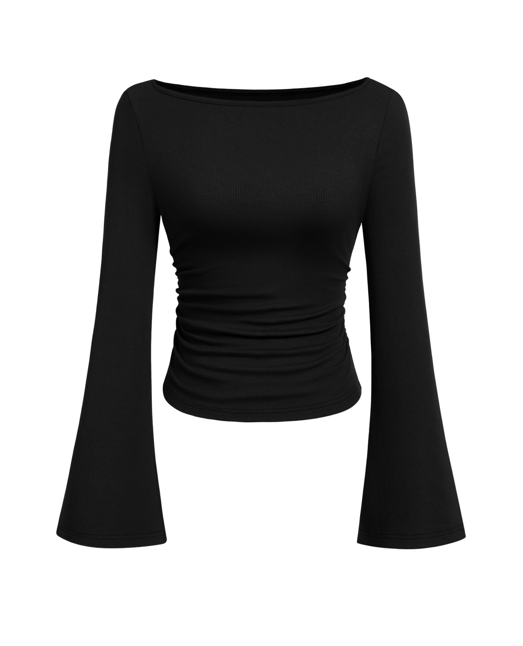 Photo 1 of PRETTYGARDEN Women's Long Sleeve Shirts 2025 Fall Crop Going Out Tops Casual Boat Neck Bell Sleeve Ribbed Ruched Y2K Clothes (Black,XX-Large)