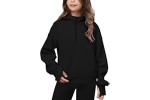 Haloumoning Girls Athletic Quarter Zip Fleece Hoodies Kids Side Slits Sweatshirts Thumb Hole Pullover Tops 5-14 Years