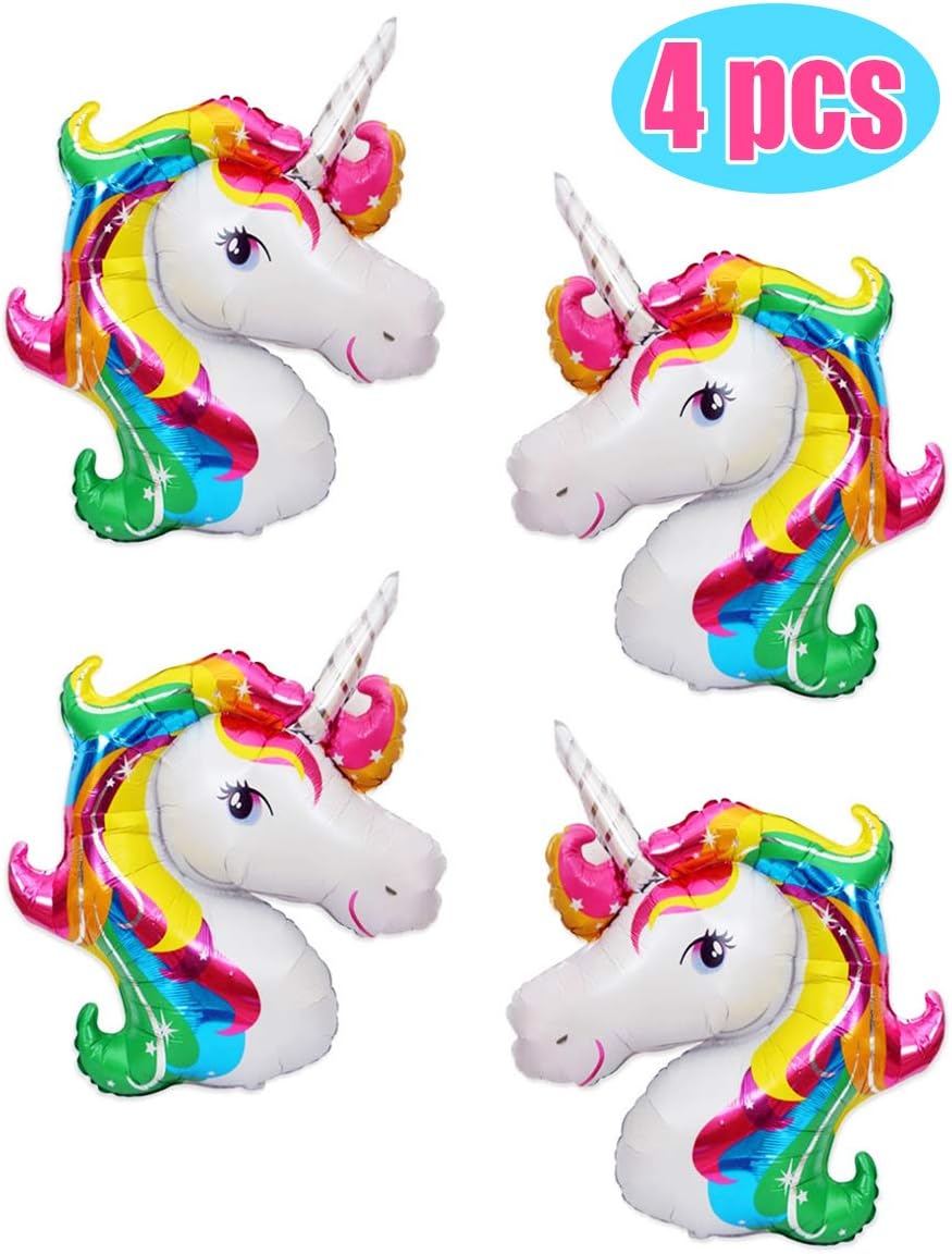 Nekoy Large 46" Rainbow Unicorn Head Helium Mylar Foil Balloon for Kids Birthday Party Event Decoration (4 Pack)