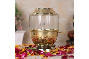 4OUR FAITH Pure Brass Akhand Jyot Diya with Borosilicate Glass Cover - Medium Size Adjustable Wick Lever 250ml Oil Capacity 48-Hour Burn Time Authentic Oil Lamp for Prayer and Meditation - Gold