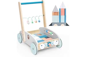 UMU Wooden Baby Walker, Push Toys for Babies Learning to Walk,Shopping Cart for Kids Garden Wagon and Play Set with Abacus Blocks Push and Pull Learning Walking Educational Gift for Toddler Boy Gir 2 3