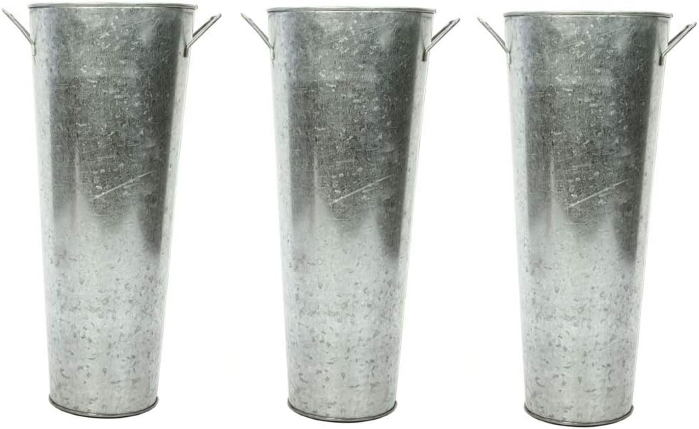 Hosley Set of 3 Galvanized Planters French Buckets with Handles 15 Inch High. Ideal for DIY Craft and Floral Projects Party Favors Festivities Wedding W1