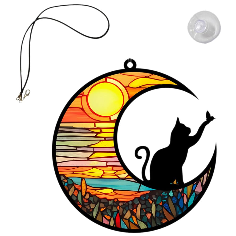BESPORTBLE Cat Window Hanging Ornament, Acrylic Stained Glass Sun Catcher Summer Patio Garden Hanging Tree Ornaments for Bedroom Living Room Window Decoration Wall Art Decor