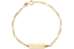 UNICORNJ 14k Gold ID Bracelet Engravable Girls Boys Kids Baby Infant, Personalized Figaro Curb Chain Name Bracelets for Babies Newborn Toddler Child Girl Boy Yellow Gold, Made in Italy