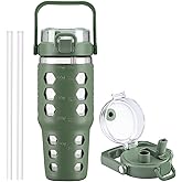 MUKOKO 32 oz Glass Tumbler with Straw,Glass Water Bottles with Time Marker,Iced Coffee Cup with Silicone Sleeve,Motivational Drinking Bottles,Leakproof-Olive