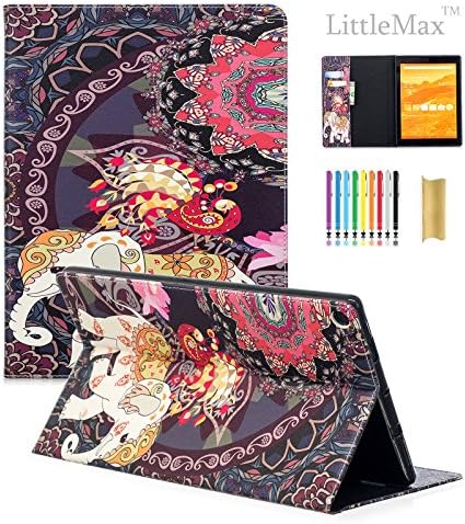 LittleMax Fire HD 10 Case, Colorful Synthetic Leather Kickstand Soft Gel Protective Cover with Auto Wake/Sleep for Amazon Kindle Fire HD 10.1 Inch 7th Gen & 5th Gen - Tribe Elephant with Flower