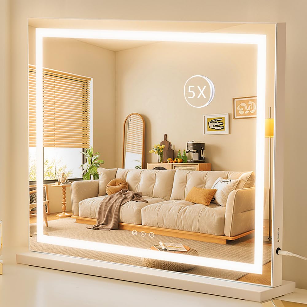 HIEEY Lighted Makeup Mirror, Hollywood Vanity Mirror with Lights, Three Color Lighting Modes, with 5X Magnification Mirror, Smart Touch Control, 360°Rotation (22.8in,White) Image