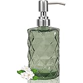 12Oz Green Glass Soap Dispenser with Stainless Steel Pump, Refillable Kitchen Liquid Hand Soap Dispenser with Diamond Design, for Dispense Hand soap, Dish Soap, Lotion, Bathroom, Countertop, Hotel