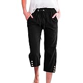 Schine Women Cozy Capris Lightweight High Waist Elastic Drawstring Pants with Pockets Loose Button Trim Cropped Trousers