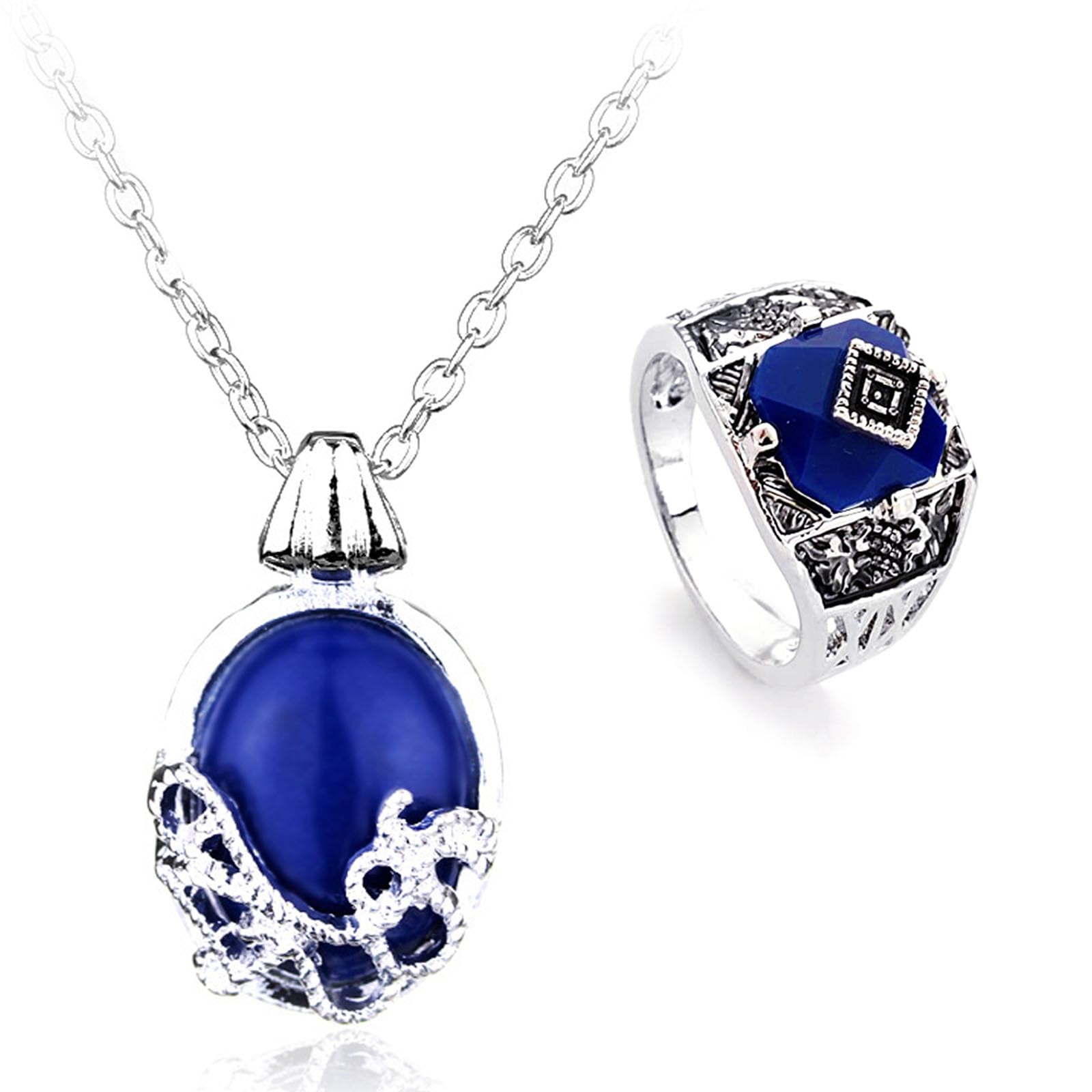 HJYZY The Vampire jewelry Daywalking Katherine Sapphire Crystal Pendant Necklace Daylight Walking Signet Ring Set with Sticker Total 12 pcs