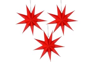 SUNBEAUTY 3 Pcs 9-Pointed Red Paper Star Lanterns 12 Inch Christmas Hanging Lamp Red Paper Decorations Shade Wedding Birthday Christmas Home Party Decorations