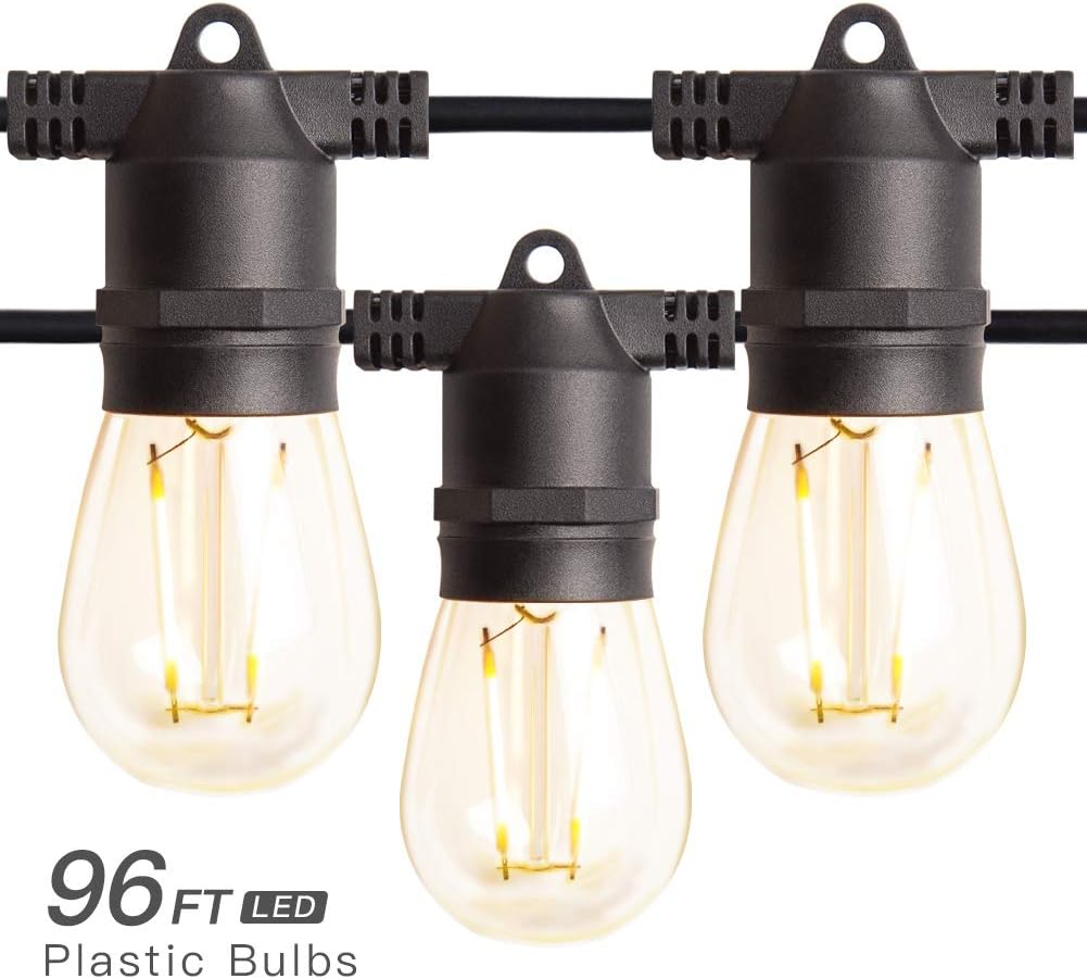 Amico 96FT LED Outdoor String Lights with LED Edison Vintage Plastic Bulbs and Weatherproof Strand - Decorative LED Cafe Patio Light, Bistro Lights : Garden & Outdoor