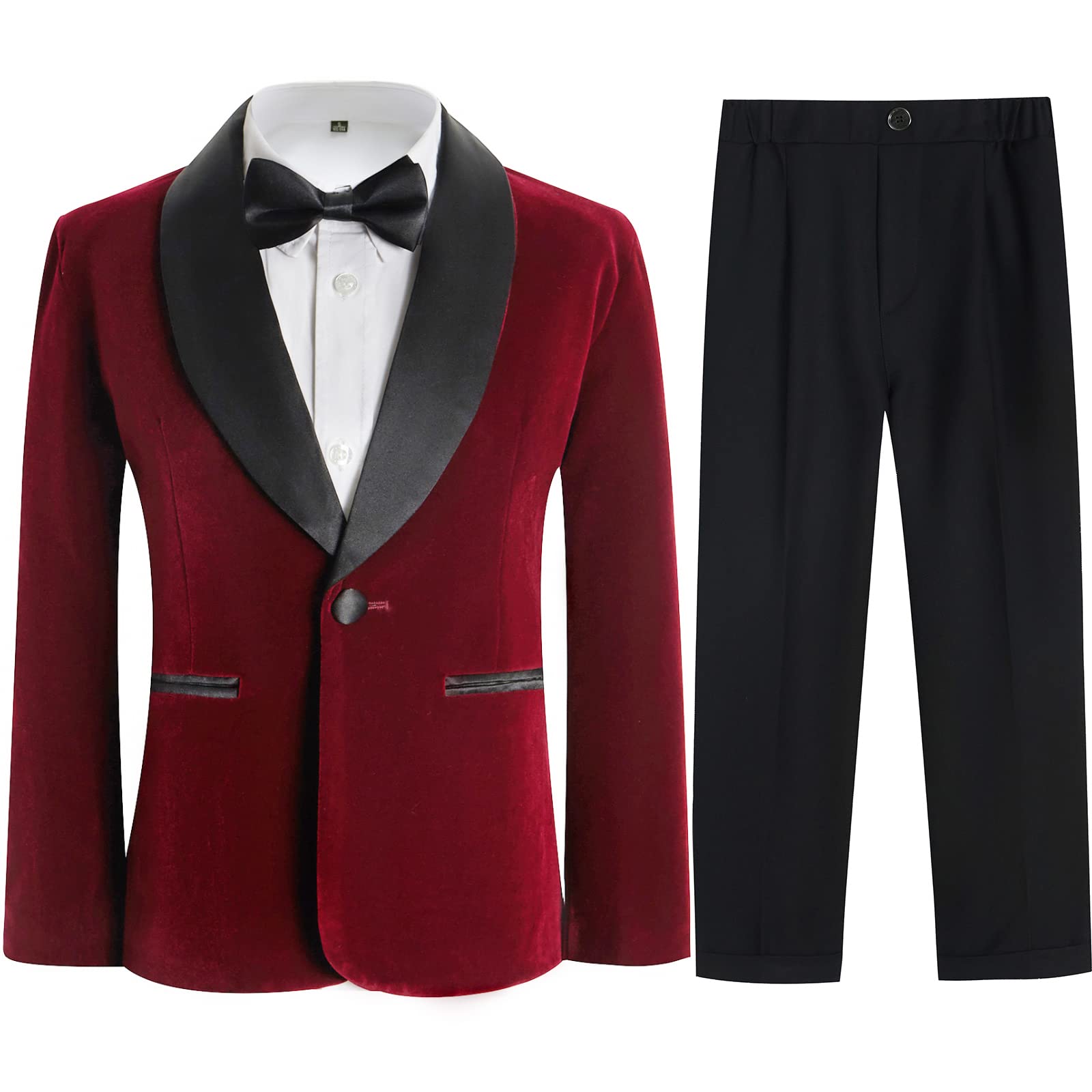 Photo 1 of Boys Tuxedo Suit 2 Pieces Kids Formal Slim Fit Velvet Suits Set for Wedding Prom Party Red size 130