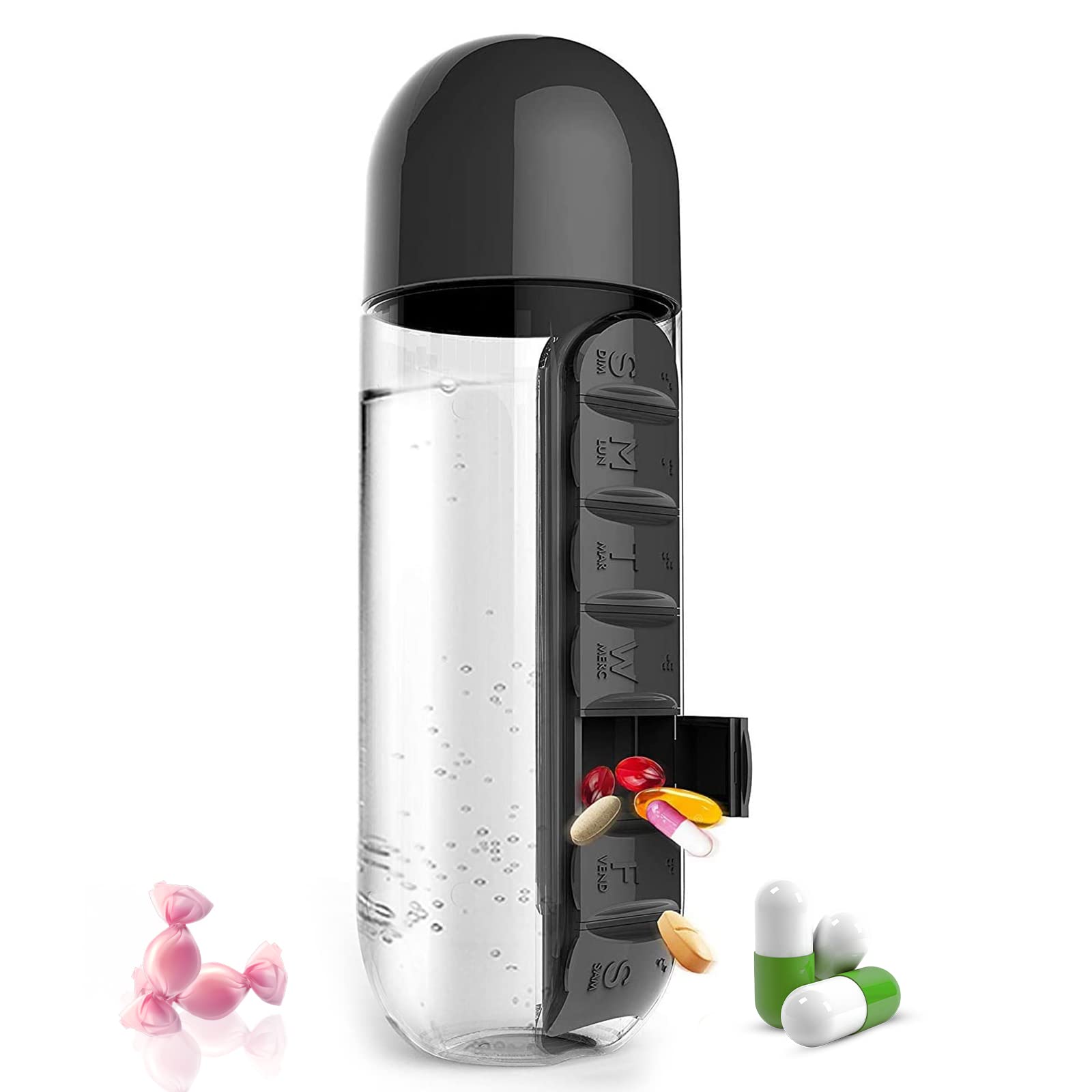 Travel Bottle and Pill Organizer, 600ml 2in1 Water Bottle Pill Box Organiser Portable 7 Days Pill Bottle for Outdoor Portable Camping Black