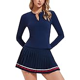 IUK Women's Tennis Skirt Set 2 Piece Long Sleeve Henley & Pleated Skort - Pickleball Outfits, Athletic Dress Alternative