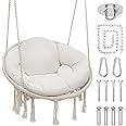 Athena Collection Hammock Chair Hanging Swing Chair with Large Thick Cushions, Outdoor Hanging Chair with Macrame Cotton Rope for Indoor, Outdoor, Bedroom, Balcony, Holds 350 Lbs, White
